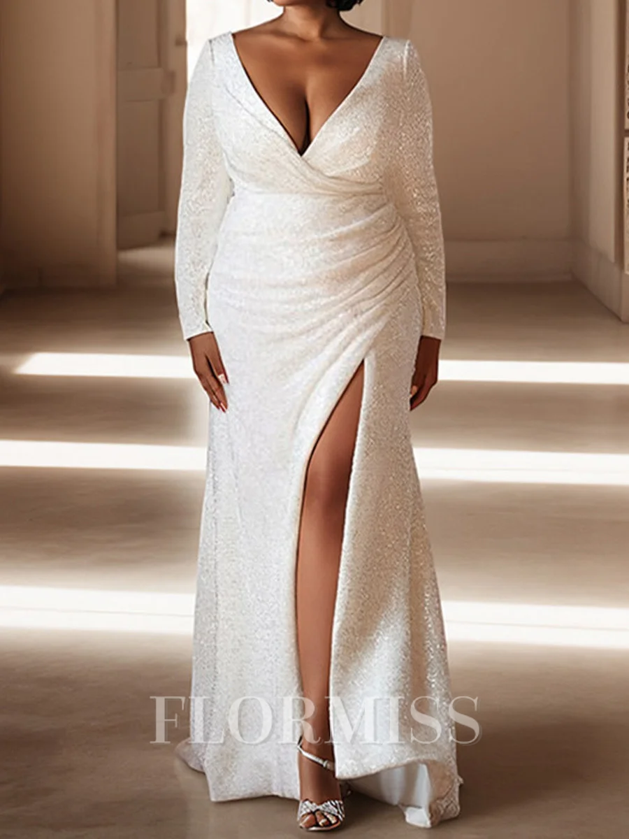Sheath V-neck Long Sleeves Pleated Sweep Train Wedding Dress
