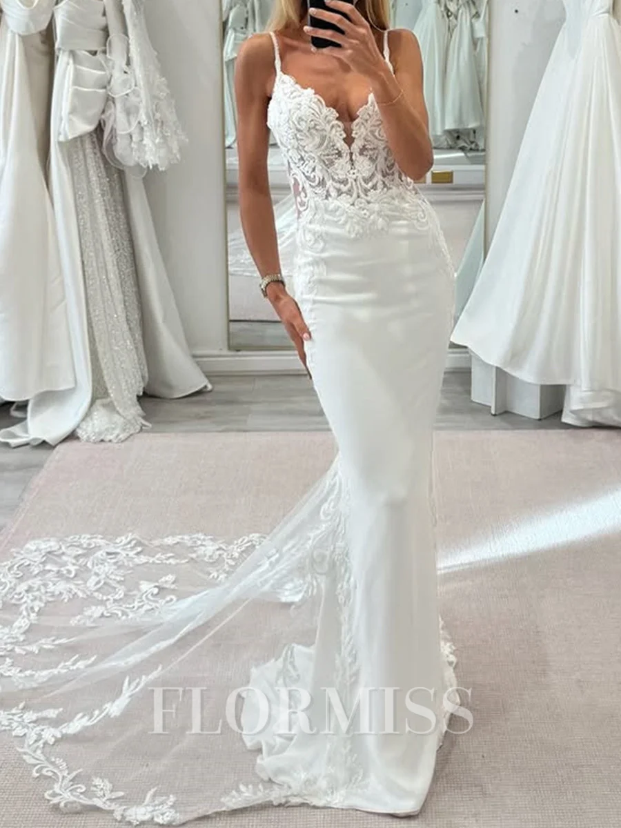 Sheath Spaghetti Straps Appliques Lace Cathedral Train Charmeuse Corset Wedding Dress