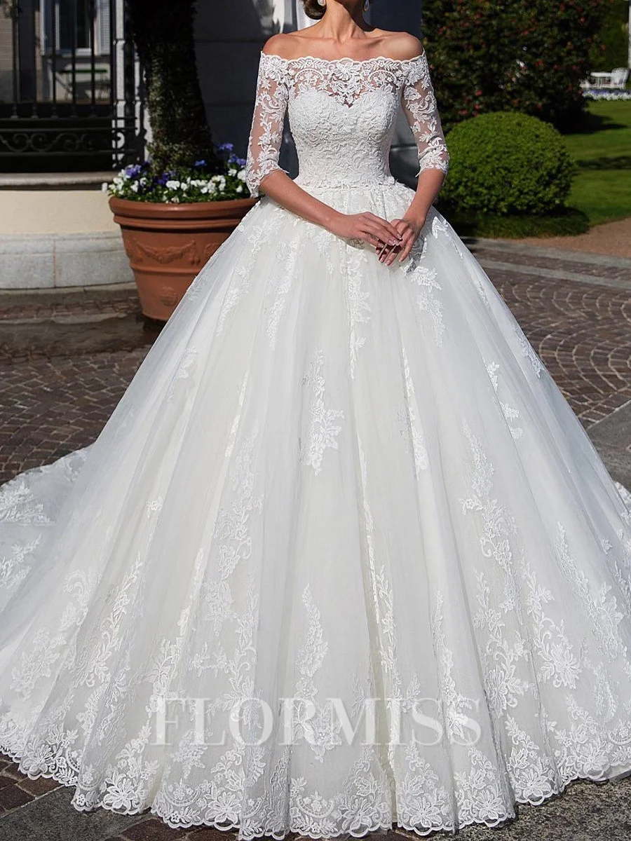 Ball-Gown Off-the-Shoulder 1/2 Sleeves Appliques Lace Chapel Train Tulle Corset Wedding Dress