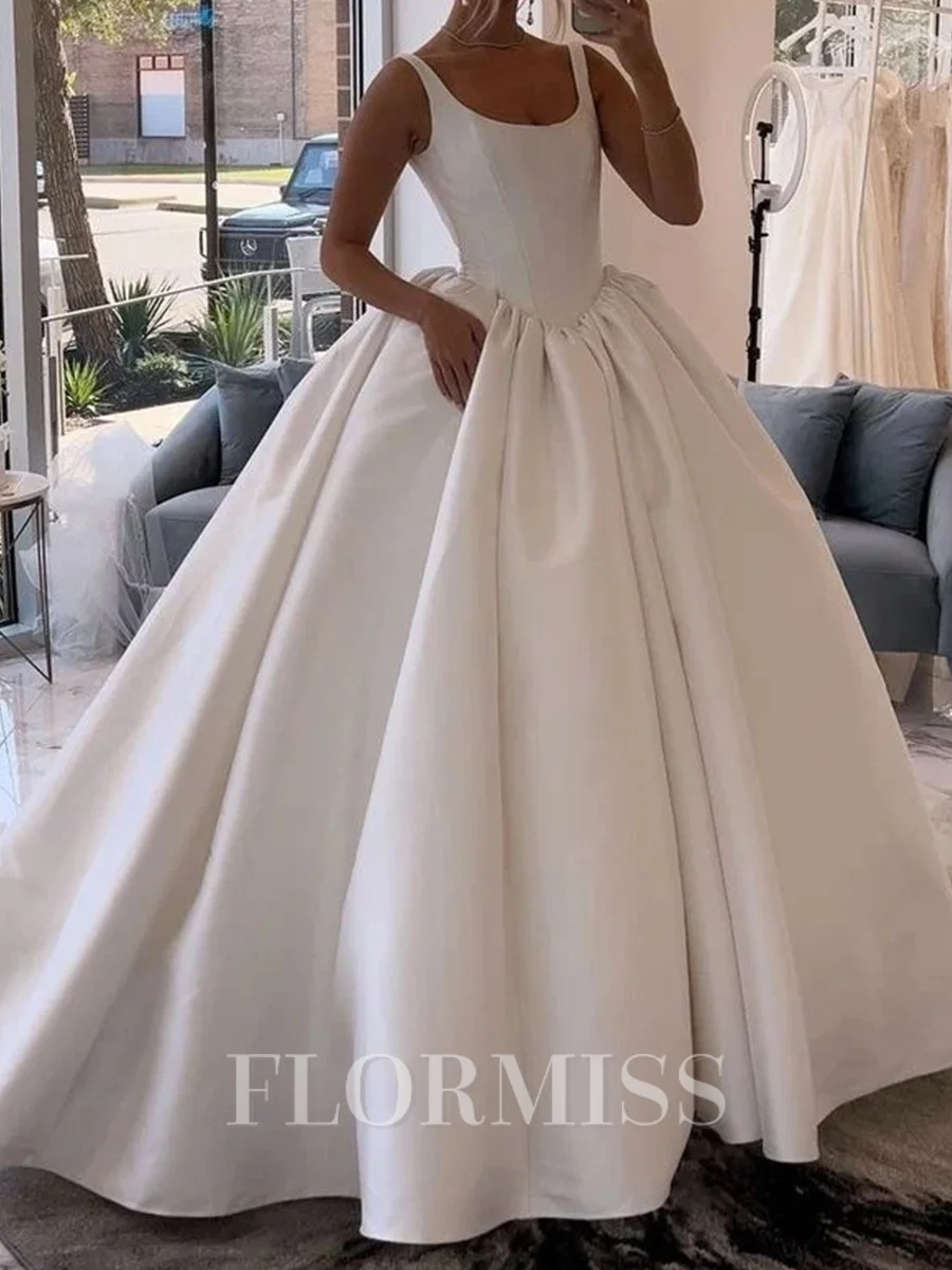 Ball-Gown Scoop Floor-Length Satin Corset Wedding Dress