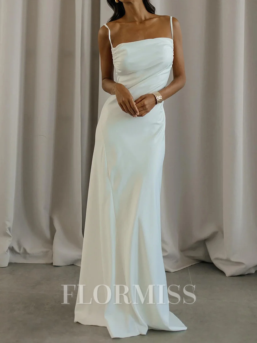 Sheath Spaghetti Straps Pleated Floor-Length Silk Like Satin Wedding Dress