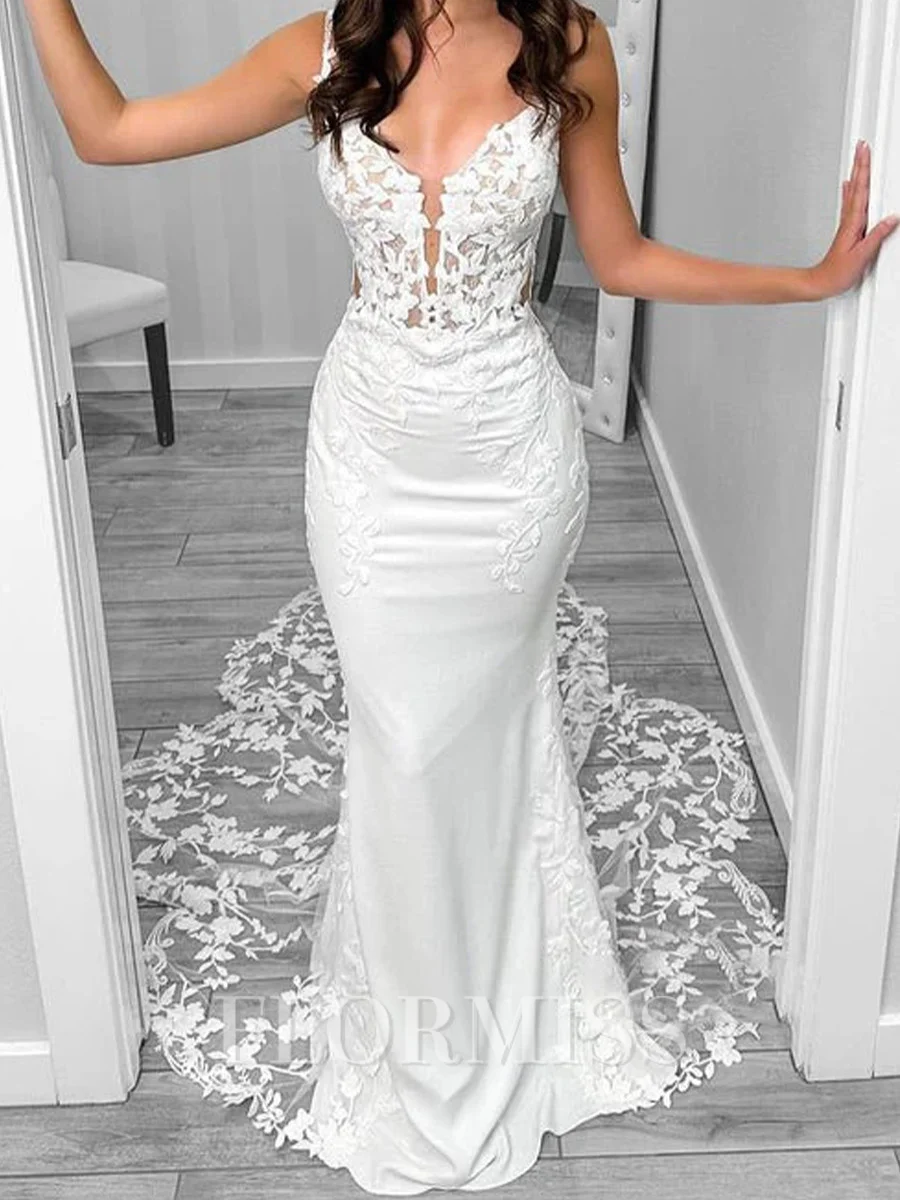 Sheath Spaghetti Straps Appliques Lace Cathedral Train Silk Like Satin Wedding Dress