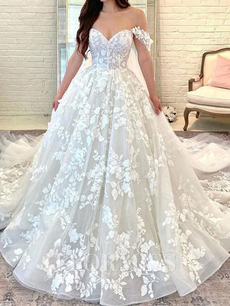 A-line Off-the-Shoulder Appliques Lace Cathedral Train Tulle Corset Wedding Dress