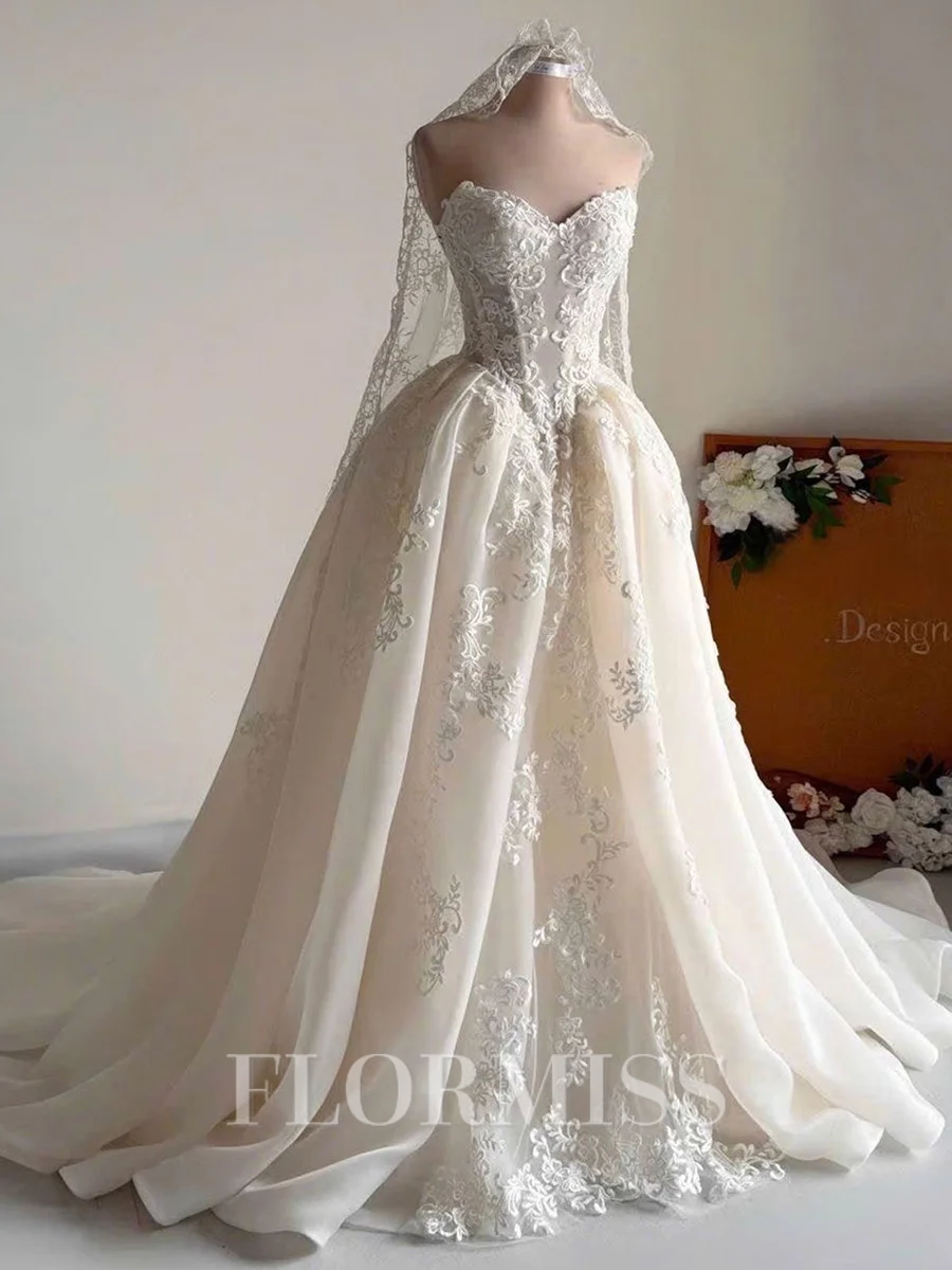 A-line Sweetheart Appliques Lace Chapel Train Tulle Corset Wedding Dress