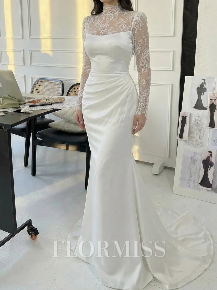 Sheath High Neck Long Sleeves Appliques Lace Court Train Silk Like Satin Corset Wedding Dress
