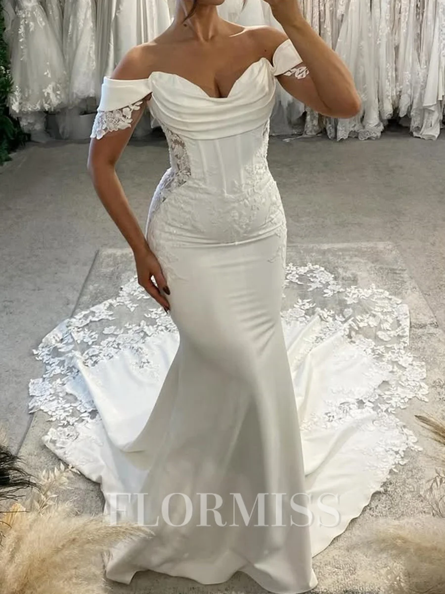 Mermaid Off-the-Shoulder Appliques Lace Cathedral Train Charmeuse Corset Wedding Dress