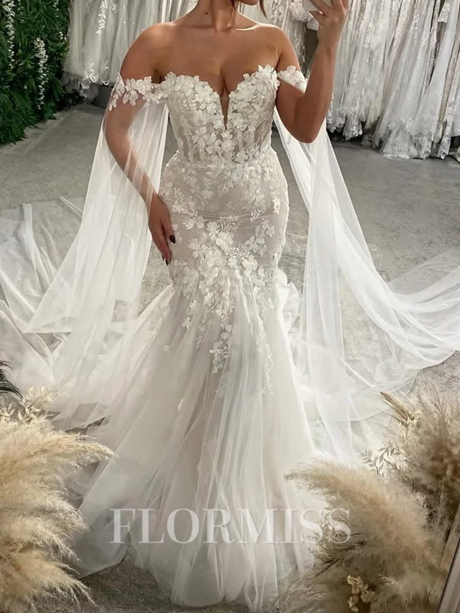 Mermaid Off-the-Shoulder Appliques Lace Chapel Train Tulle Corset Wedding Dress