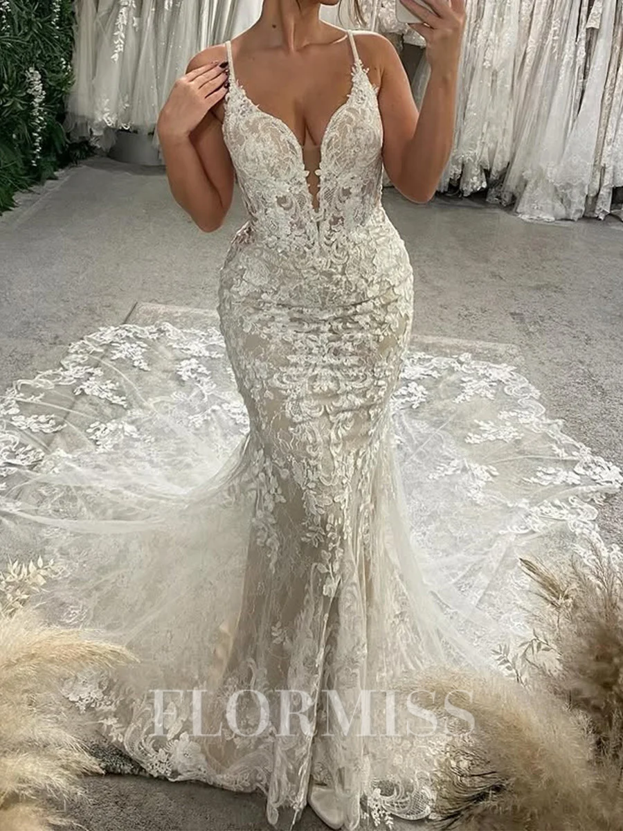 Mermaid Straps Appliques Lace Cathedral Train Tulle Wedding Dress