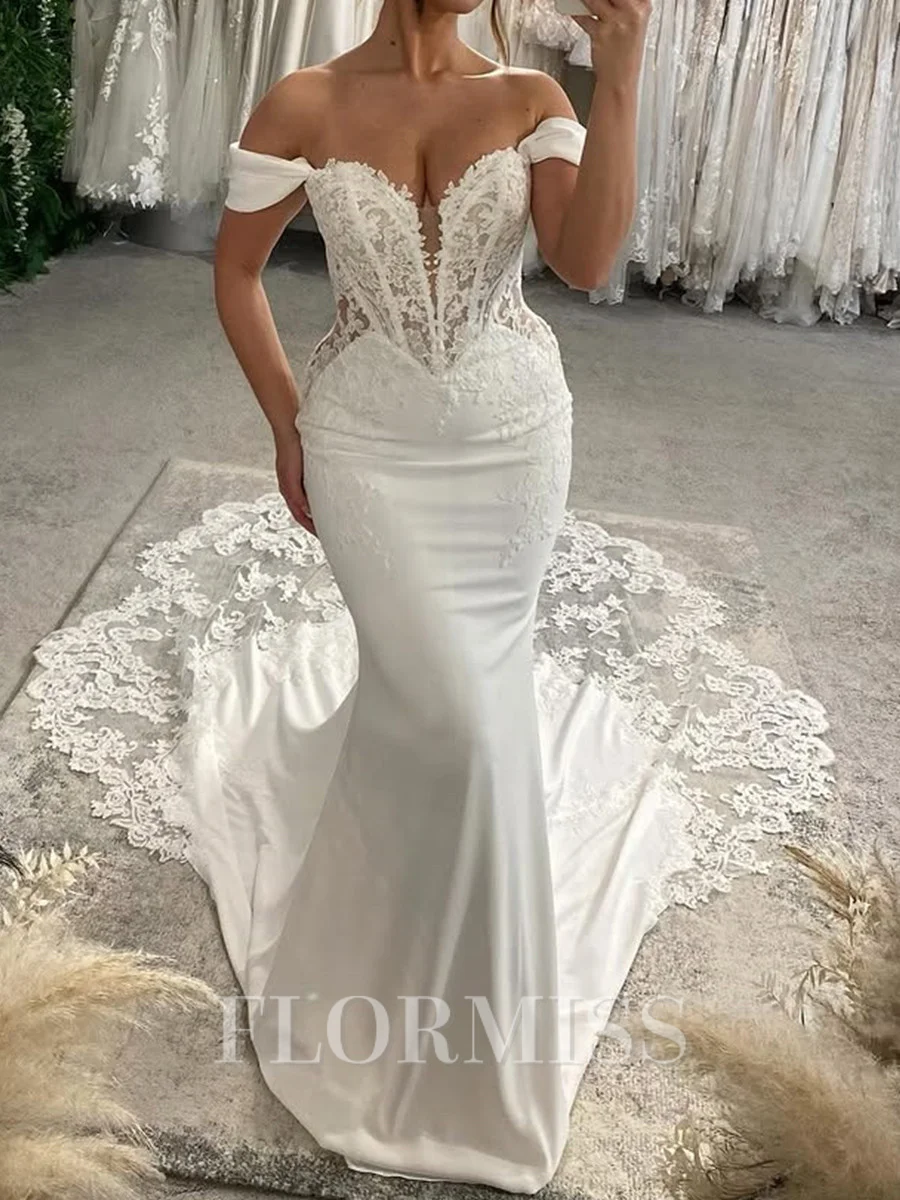 Mermaid Off-the-Shoulder Appliques Lace Cathedral Train Charmeuse Corset Wedding Dress