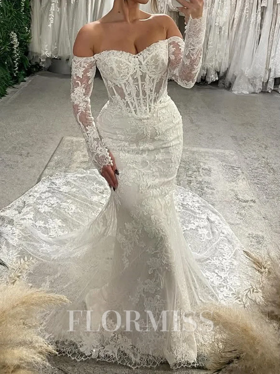 Mermaid Off-the-Shoulder Long Sleeves Appliques Lace Cathedral Train Tulle Corset Wedding Dress