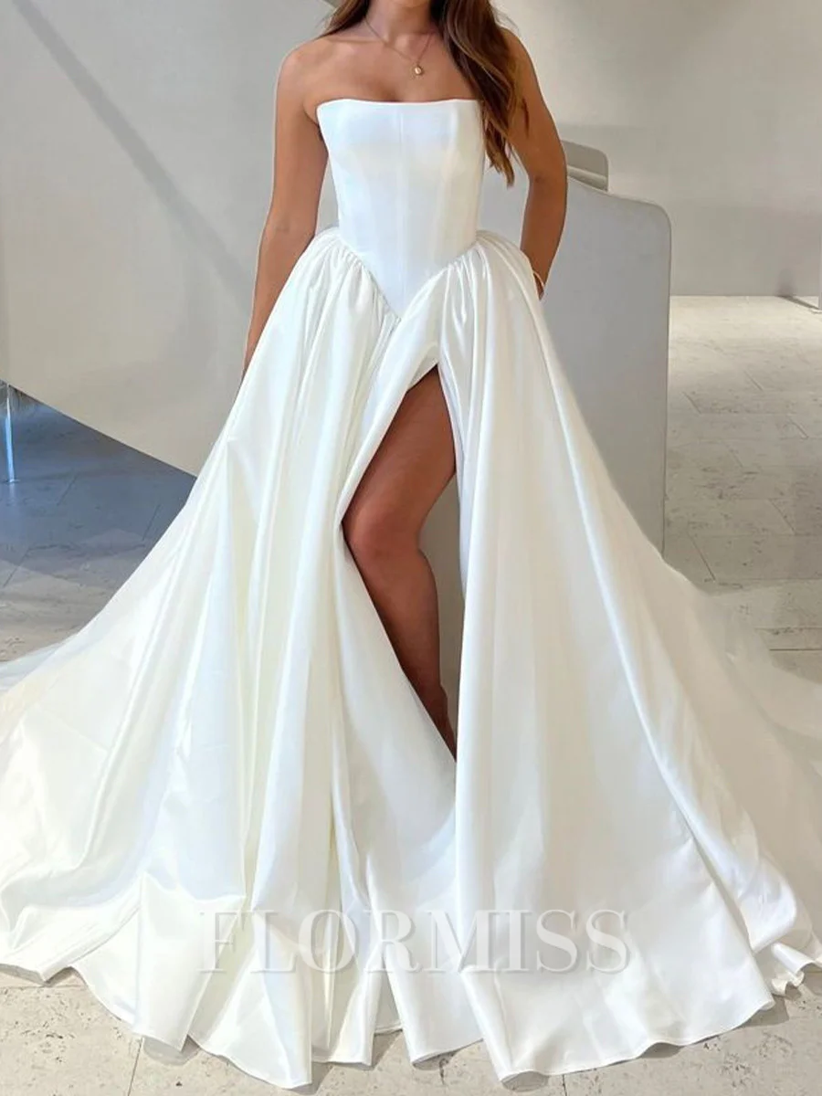 A-line Straight Pleated Cathedral Train Satin Corset Wedding Dress