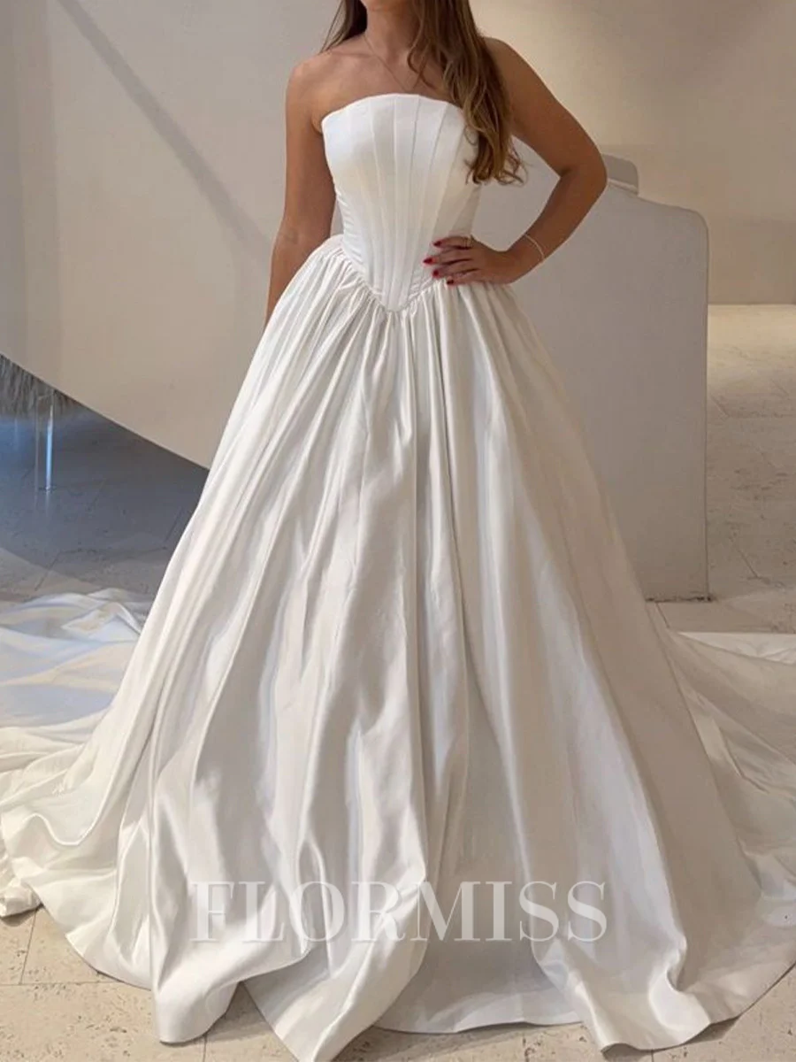 A-line Straight Pleated Cathedral Train Satin Corset Wedding Dress