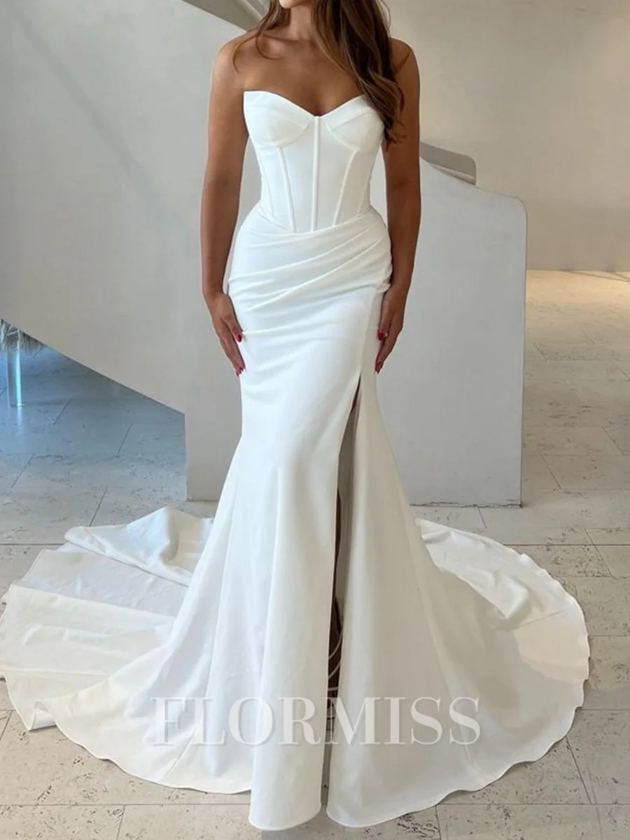 Sheath Sweetheart Pleated Cathedral Train Stretch Crepe Corset Wedding Dress