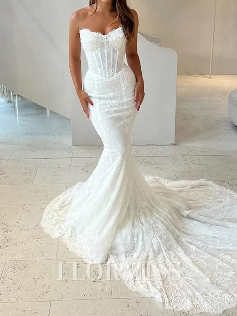 Mermaid Straight Appliques Lace Cathedral Train Lace Wedding Dress