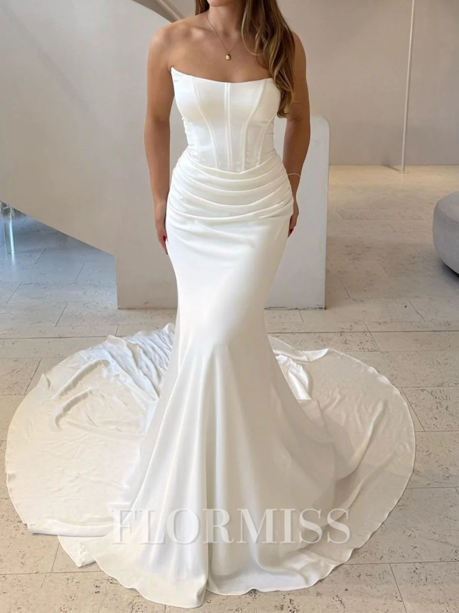 Sheath Straight Pleated Chapel Train Charmeuse Corset Wedding Dress