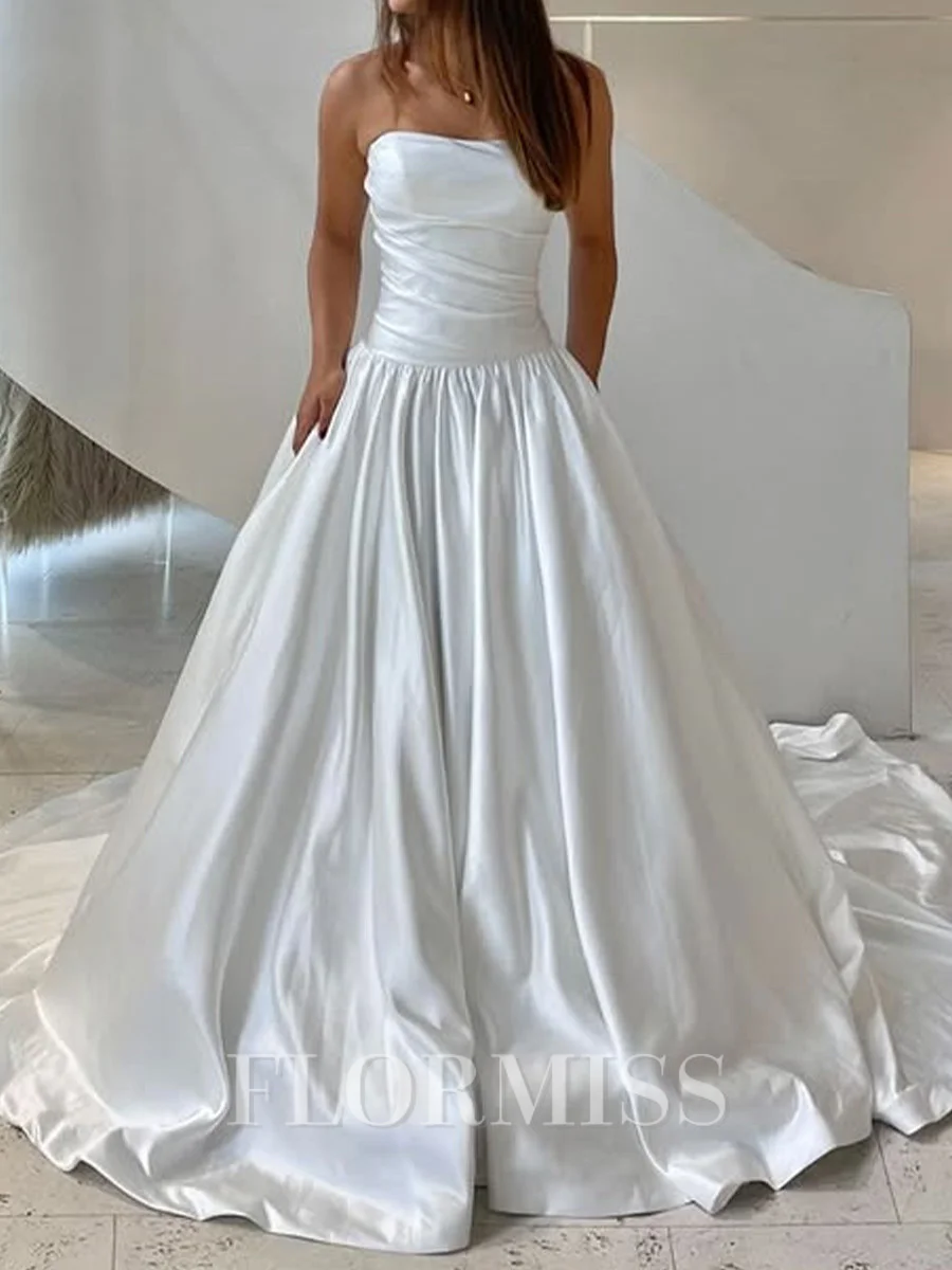 A-line Straight Pleated Cathedral Train Satin Corset Wedding Dress