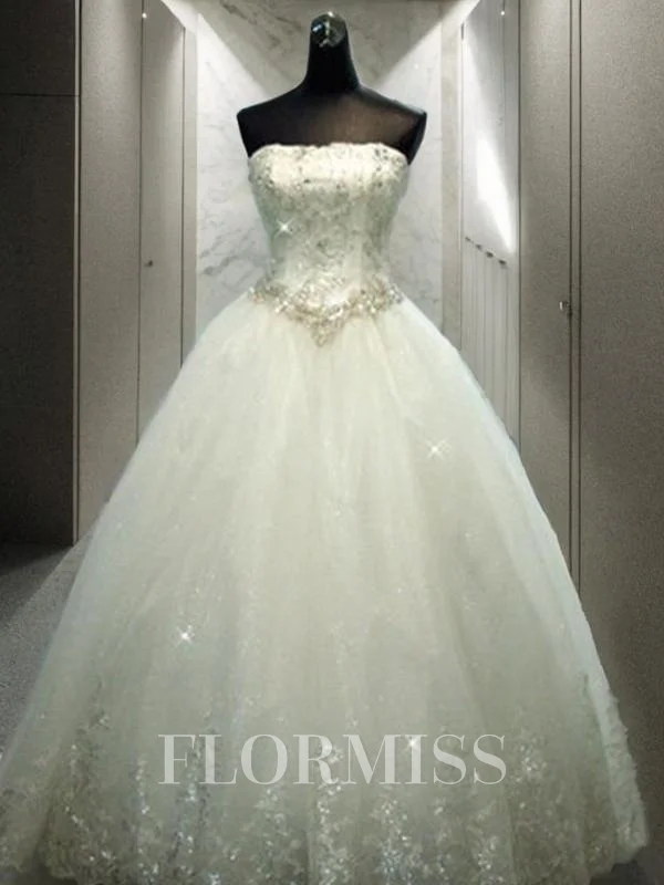 Ball Gown Strapless Floor-Length Tulle Wedding Dresses With Rhinestone