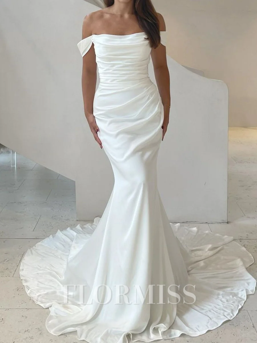 Sheath Off-the-Shoulder Pleated Court Train Satin Chiffon Corset Wedding Dress