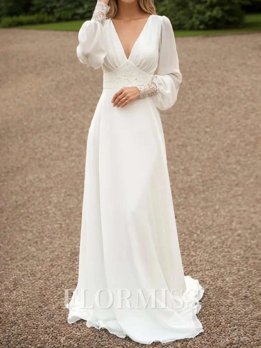 A-line V-neck Long Sleeves Appliques Lace Floor-Length Chiffon Wedding Dress