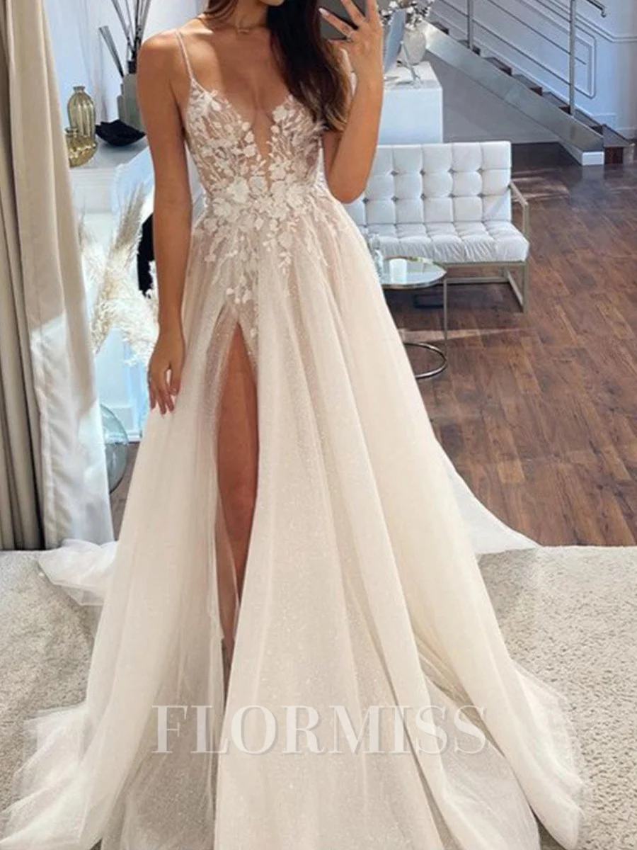 A-line Spaghetti Straps Appliques Lace Chapel Train Tulle Wedding Dress