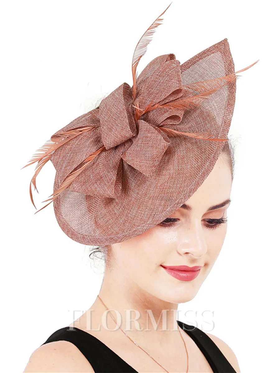 Ladies' Glamourous Flax With Feather Tea Party Hats