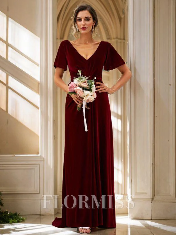 A-Line/Princess Velvet Ruched V-neck Short Sleeves Sweep Train Bridesmaid Dresses