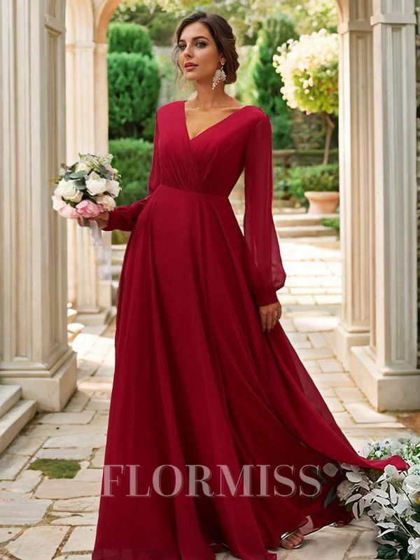A-Line/Princess Chiffon Ruched V-neck Long Sleeves Floor-Length Bridesmaid Dresses