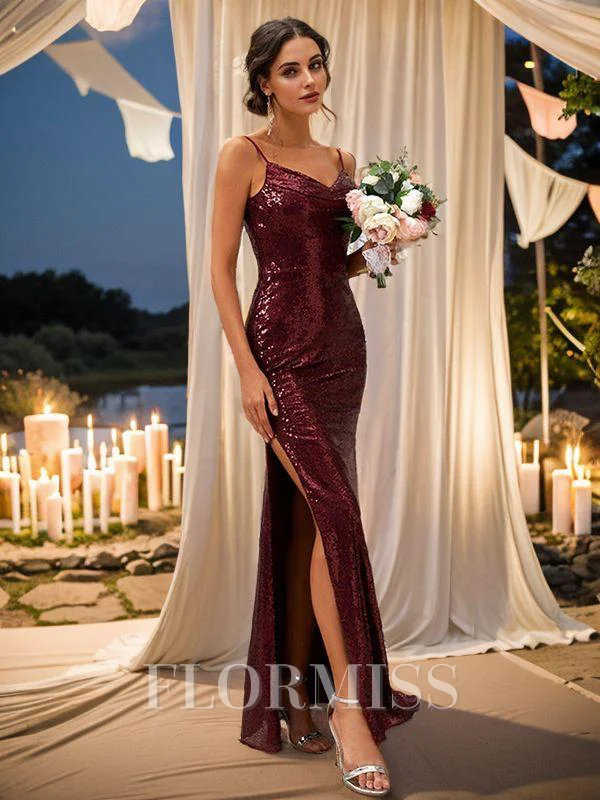 Sheath/Column Sequins Ruched Spaghetti Straps Sleeveless Floor-Length Bridesmaid Dresses