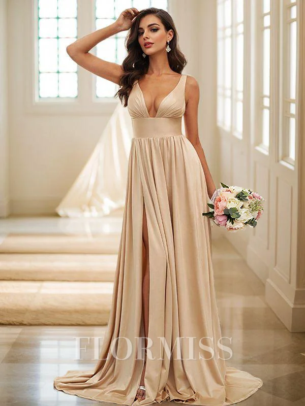 A-Line/Princess Jersey Ruffles V-neck Sleeveless Sweep Train Bridesmaid Dresses