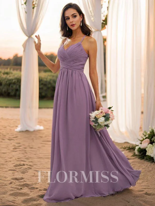 A-Line/Princess Chiffon Ruched V-neck Sleeveless Floor-Length Bridesmaid Dresses