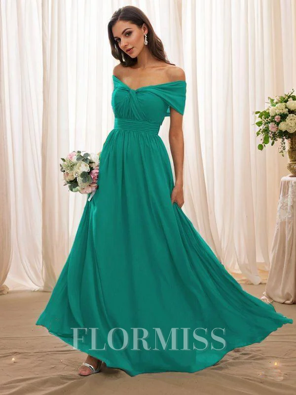 A-Line/Princess Chiffon Ruched Off-the-Shoulder Sleeveless Floor-Length Bridesmaid Dresses