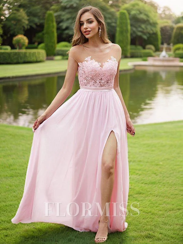 A-Line/Princess Chiffon Applique Scoop Short Sleeves Floor-Length Bridesmaid Dresses