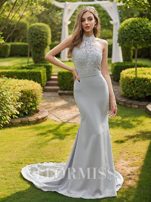Sheath/Column Stretch Crepe Lace Halter Sleeveless Sweep Train Bridesmaid Dresses