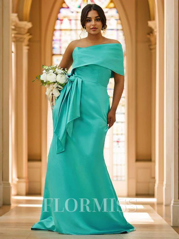 Sheath/Column Satin Ruched One-Shoulder Sleeveless Sweep Train Bridesmaid Dresses