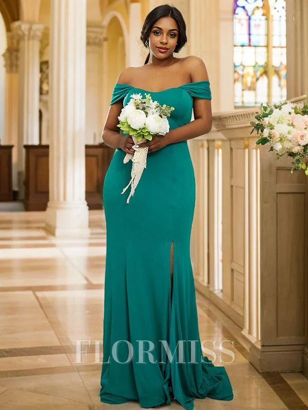 Sheath/Column Jersey Ruffles Off-the-Shoulder Sleeveless Sweep Train Bridesmaid Dresses