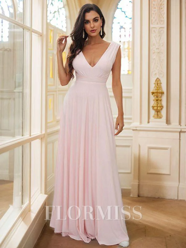 A-Line/Princess Jersey Ruffles V-neck Sleeveless Floor-Length Bridesmaid Dresses