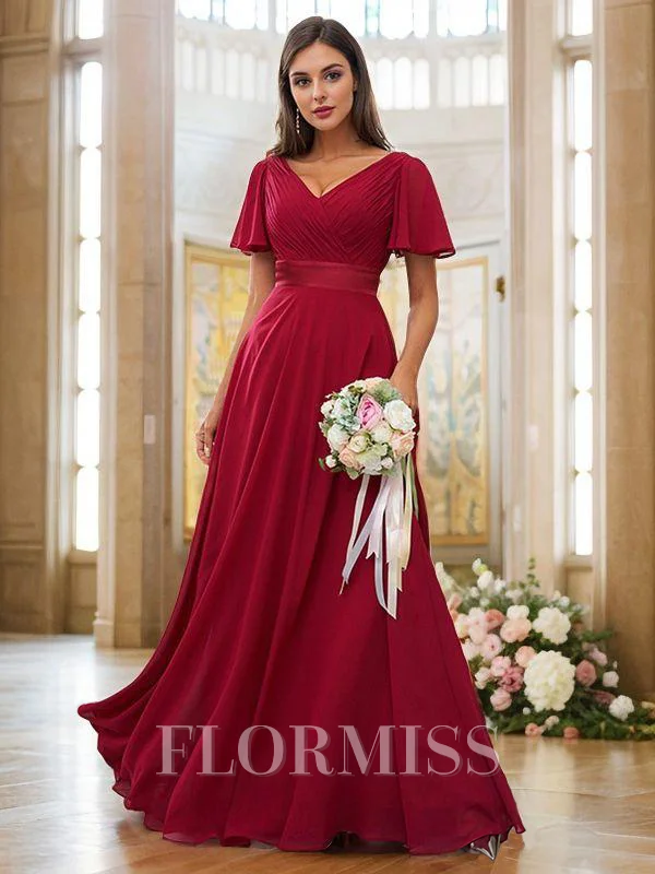 A-Line/Princess Chiffon Ruched V-neck Short Sleeves Sweep Train Bridesmaid Dresses