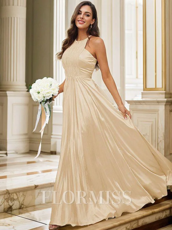 A-Line/Princess Silk like Satin Ruffles Halter Sleeveless Floor-Length Bridesmaid Dresses