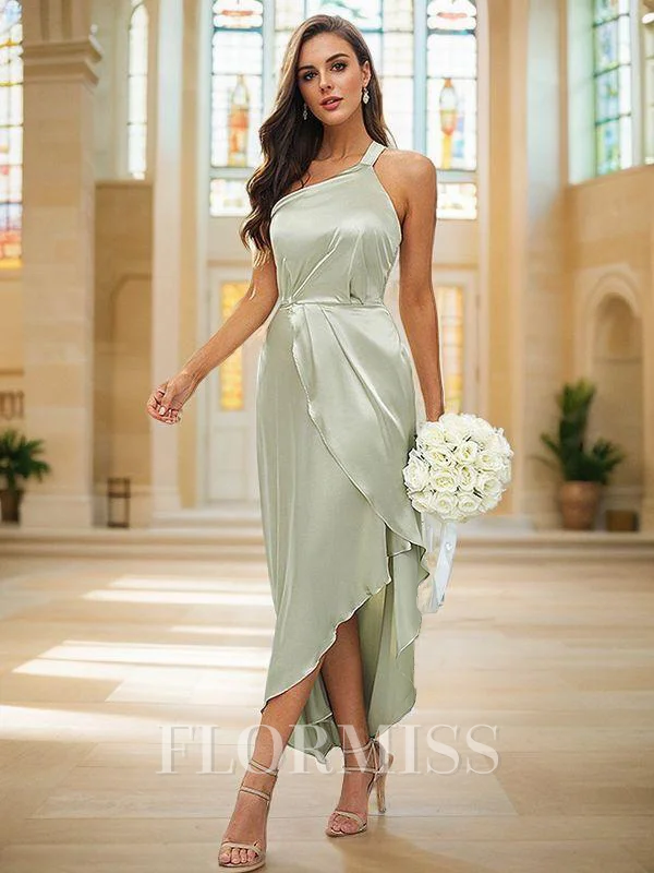A-Line/Princess Silk like Satin Ruched One-Shoulder Sleeveless Tea-Length Bridesmaid Dresses