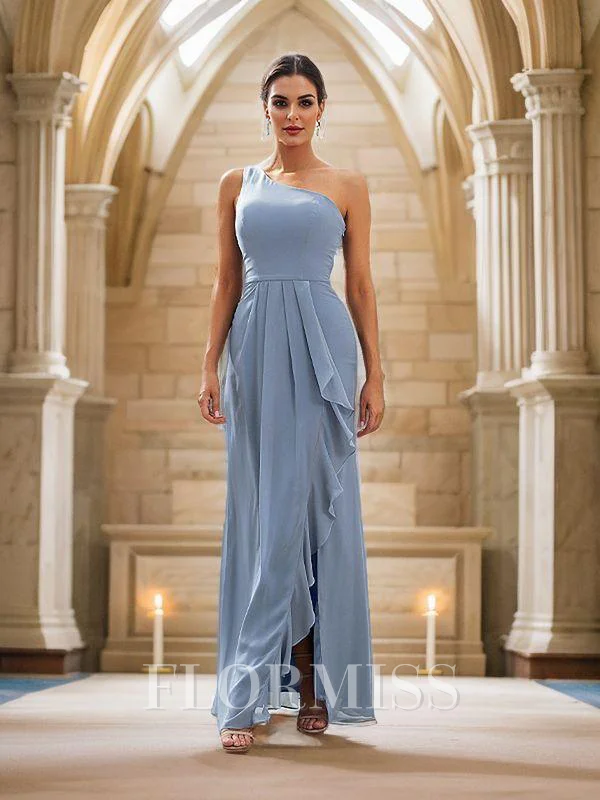 Sheath/Column Chiffon Ruffles One-Shoulder Sleeveless Floor-Length Bridesmaid Dresses