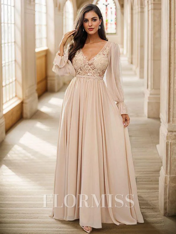 A-Line/Princess Chiffon Lace V-neck Long Sleeves Sweep Train Bridesmaid Dresses