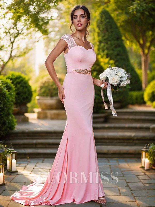 Sheath/Column Jersey Rhinestone Square Sleeveless Sweep Train Bridesmaid Dresses