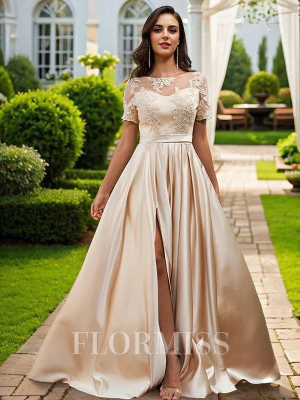 A-Line/Princess Satin Applique Scoop Short Sleeves Floor-Length Bridesmaid Dresses