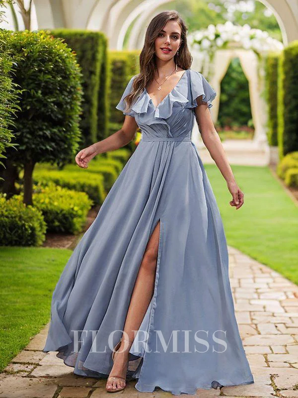 A-Line/Princess Chiffon Ruched V-Neck Short Sleeves Floor-Length Bridesmaid Dresses