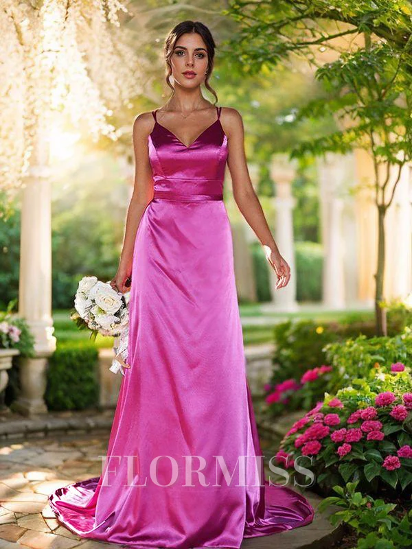 A-Line/Princess Silk like Satin Ruched V-neck Sleeveless Sweep Train Bridesmaid Dresses