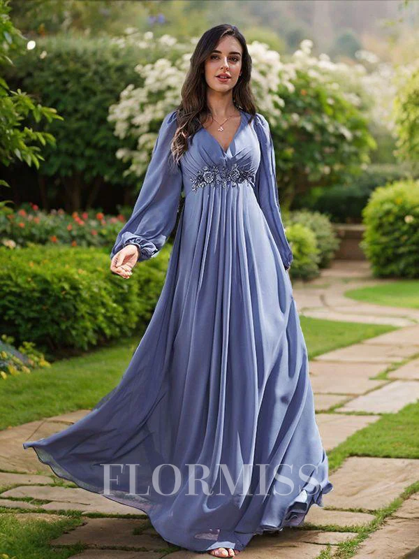 A-Line/Princess Chiffon Applique V-neck Long Sleeves Floor-Length Bridesmaid Dresses