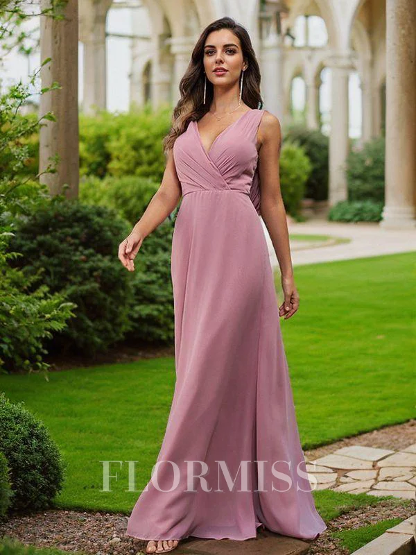 A-Line/Princess Chiffon Ruched V-neck Sleeveless Floor-Length Bridesmaid Dresses