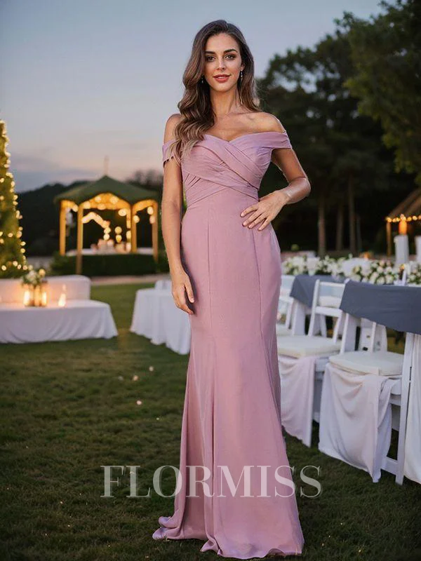 Sheath/Column Chiffon Ruched Off-the-Shoulder Sleeveless Sweep Train Bridesmaid Dresses
