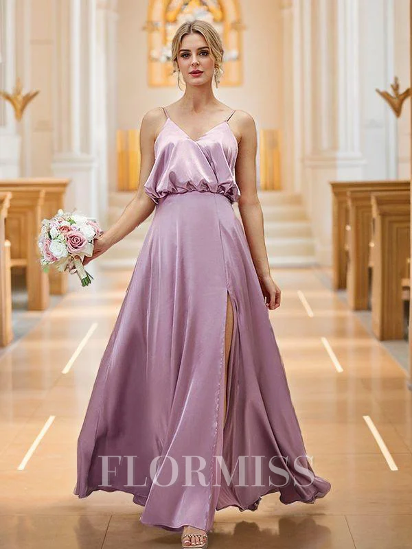 A-Line/Princess Silk like Satin Ruched V-neck Sleeveless Floor-Length Bridesmaid Dresses