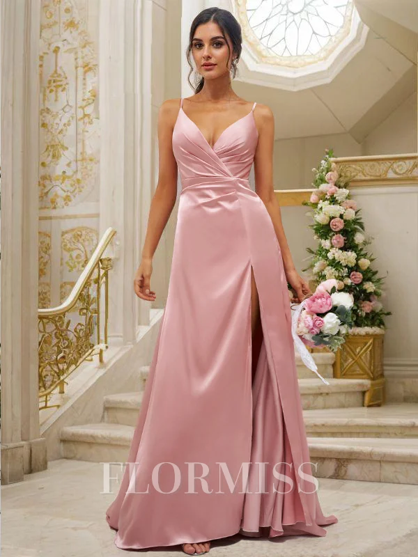 A-Line/Princess Silk like Satin Ruched V-neck Sleeveless Floor-Length Bridesmaid Dresses
